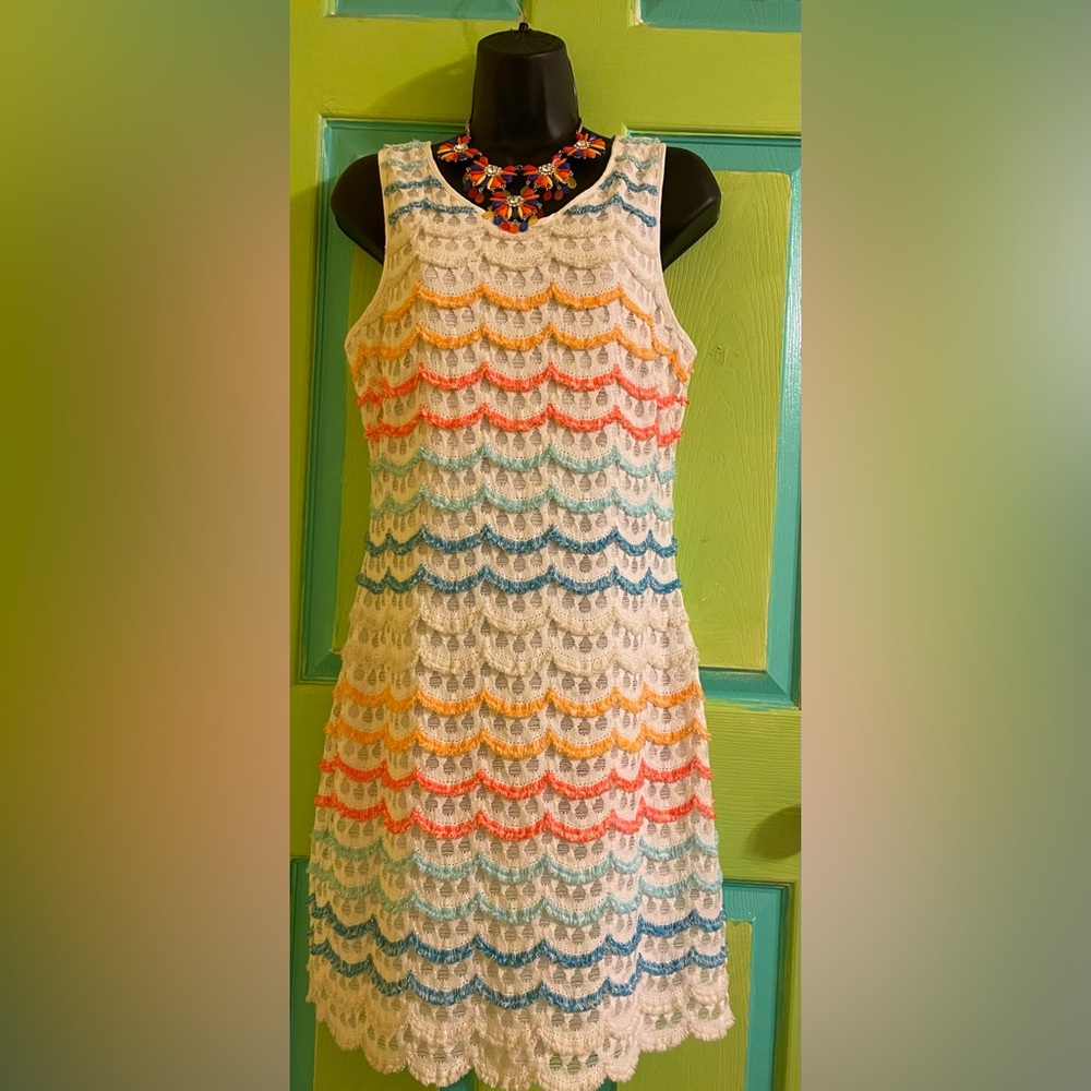 Antonio Melani Rainbow Scalloped Fringe Lace Dress Size 8